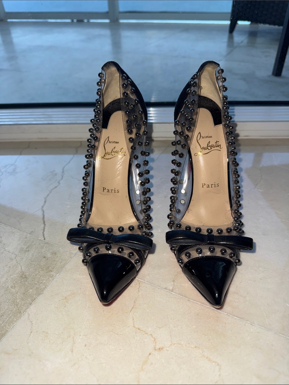 Christian Louboutin Black Studded Pointed-Toe Pumps with Bow Accent